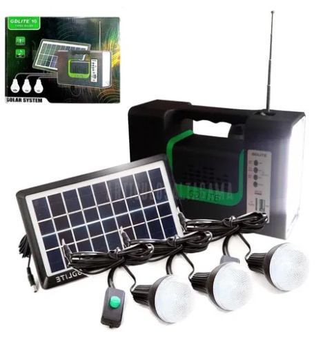 Kit solar GD-Lite 10 dotat cu dispozitive USB cu 3 becuri LED + Acumulator de mare capacitate + RADIO FM